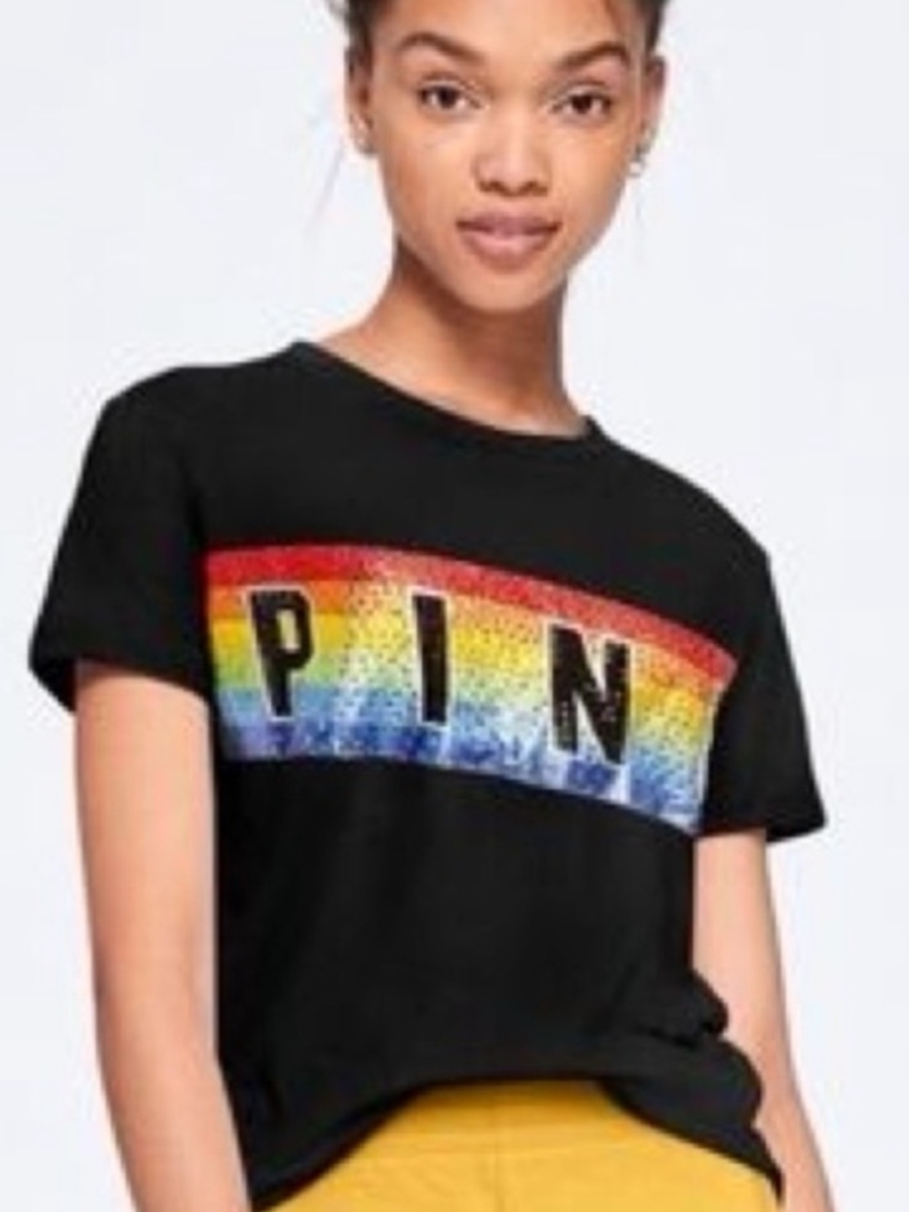 PINK Victoria's Secret Black Crewneck Graphic Tee with Rainbow Accent
